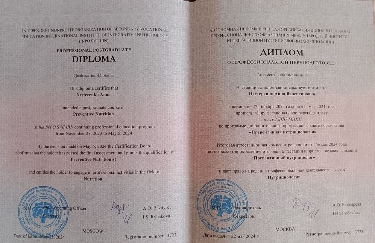 АНО ДПО МИИН — Диплом о профессиональной переподготовке «Превентивная нутрициология» (рег. №3723)