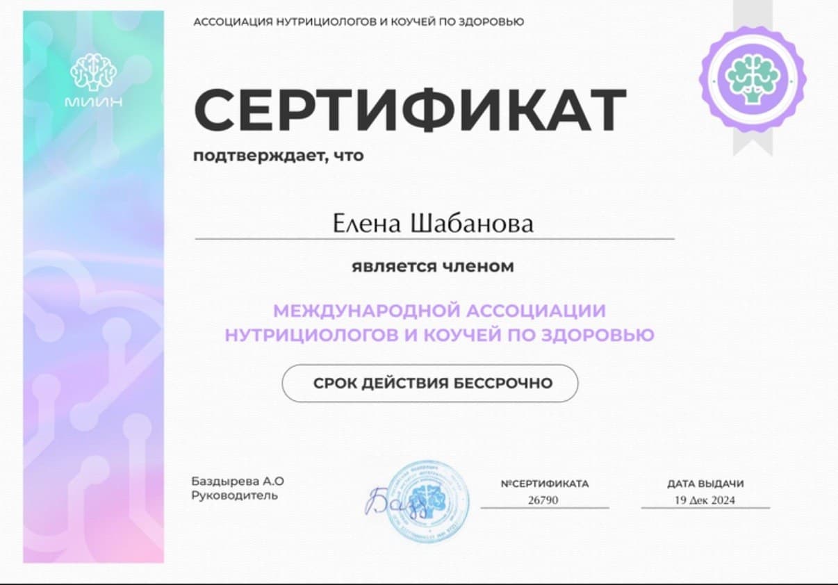 Сертификат МИИН — Член Международной ассоциации нутрициологов и коучей по здоровью